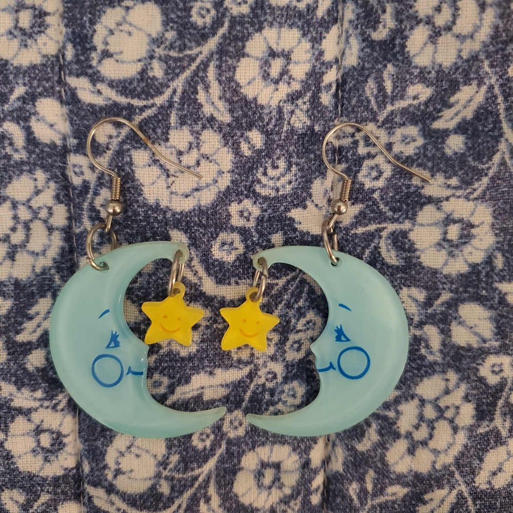 Moon and Star Earrings - Light Blue and Yellow